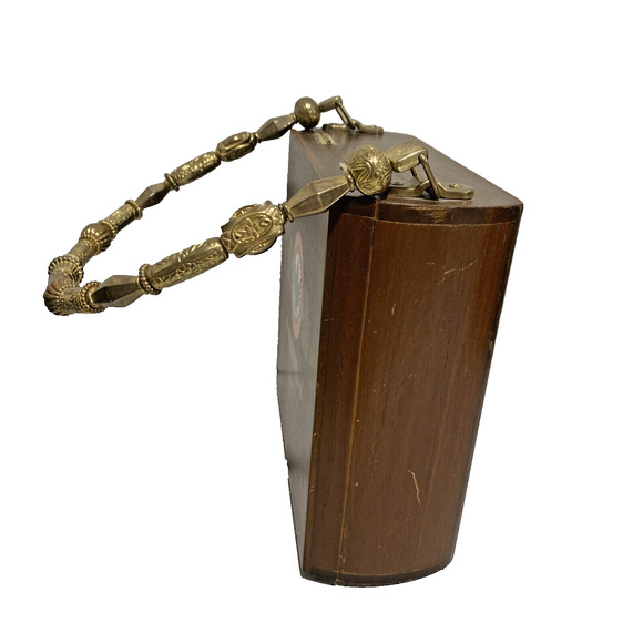 Vintage 1970's Cigar Box Purse Wood Case with Gold Beaded Top Loop Handle FLAW - Picture 4 of 13
